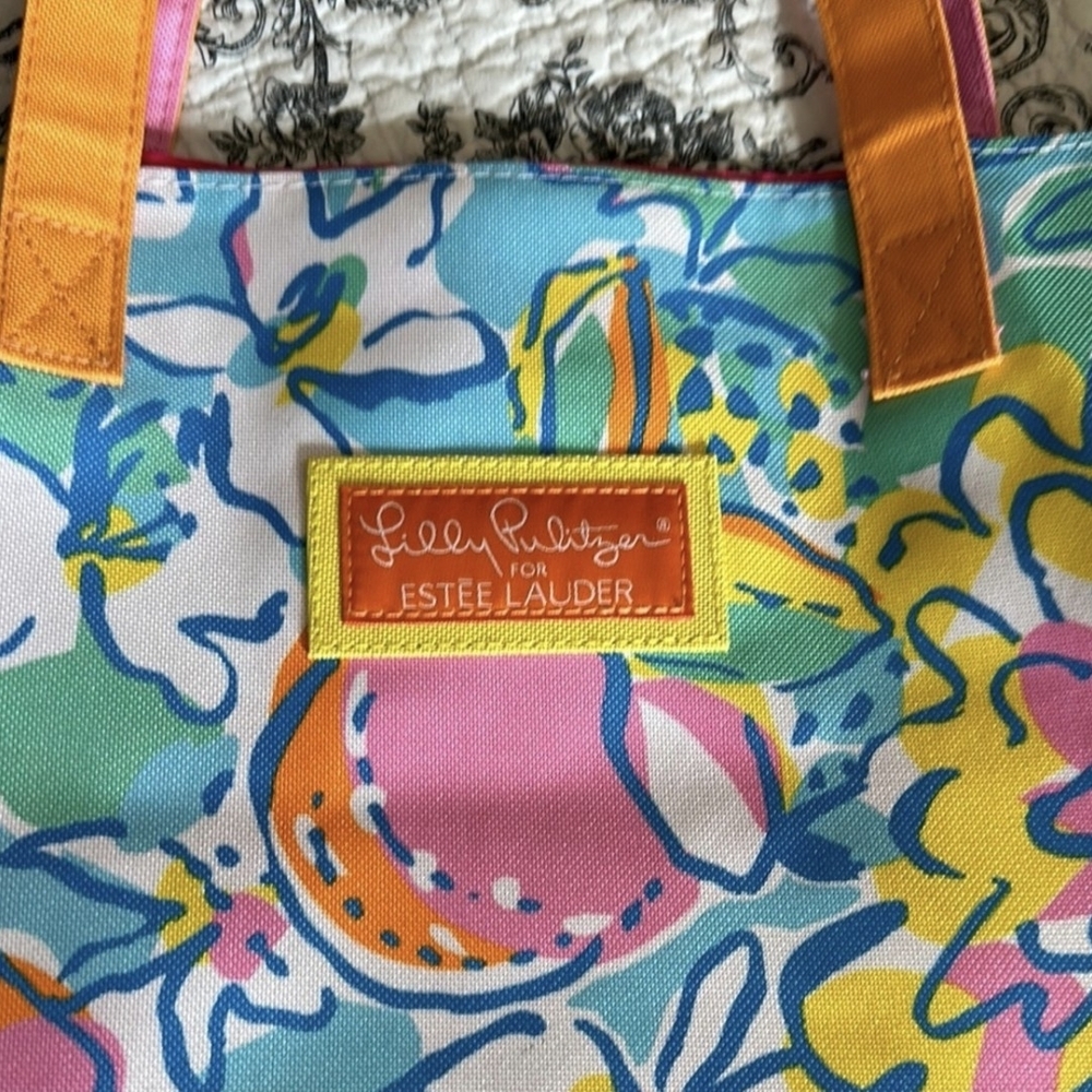 Lilly Pulitzer Blue Floral Tote Bag with Orange Handles - Picture 2 of 6
